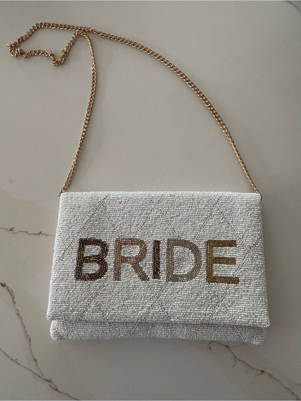 BRIDE Beaded Crossbody Bag in Ivory with Gold Chain
